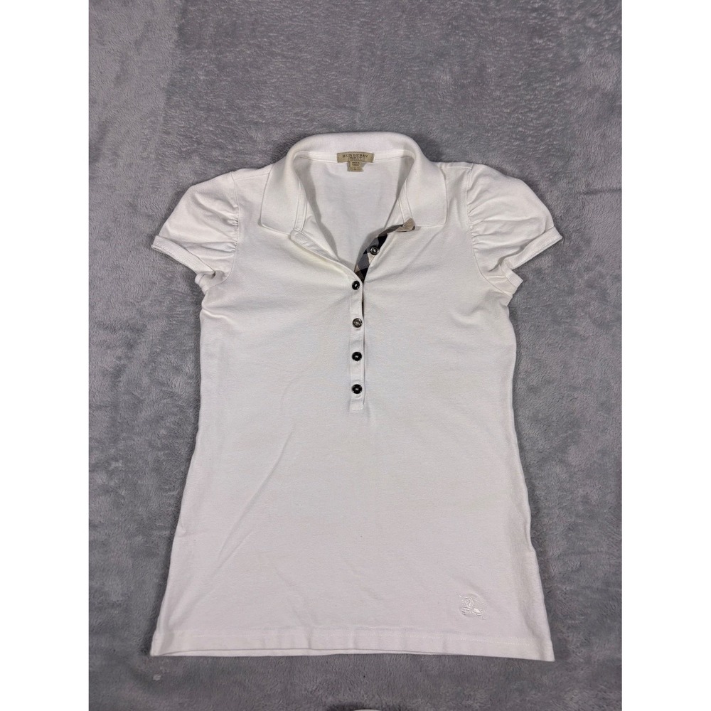 Burberry Brit Polo Shirt Womens S White Puff Sleeve Check Embroidered Logo